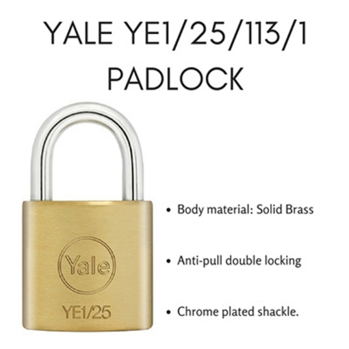 图片 Yale YE1/25/113/1, Essential Series Indoor Brass Padlock 25mm, YE1251131