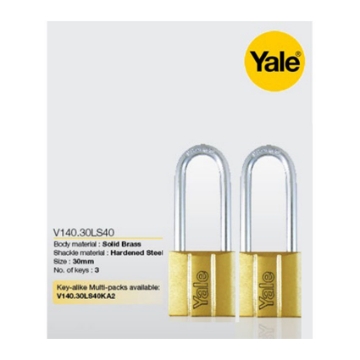 图片 Yale V140.30 LS40 KA2, Long Shackle Brass Padlocks 140 Series Key Alike 2, V14030LS40