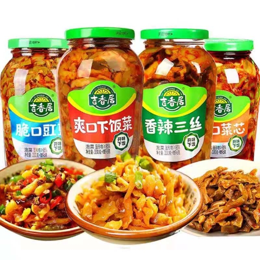 图片 Jixiangju pickle(Jixiangju (open-flavored sauerkraut, crispy cowpea, beef with green pepper, spicy three-wire, crispy vegetable core, refreshing meal) 240g-330g,1 bottle, 1*12 bottle|吉香居小菜（开味酸菜,脆口豇豆,青椒牛肉,香辣三丝,脆口菜芯,爽口下饭菜）240g-330g,1瓶，1*12瓶